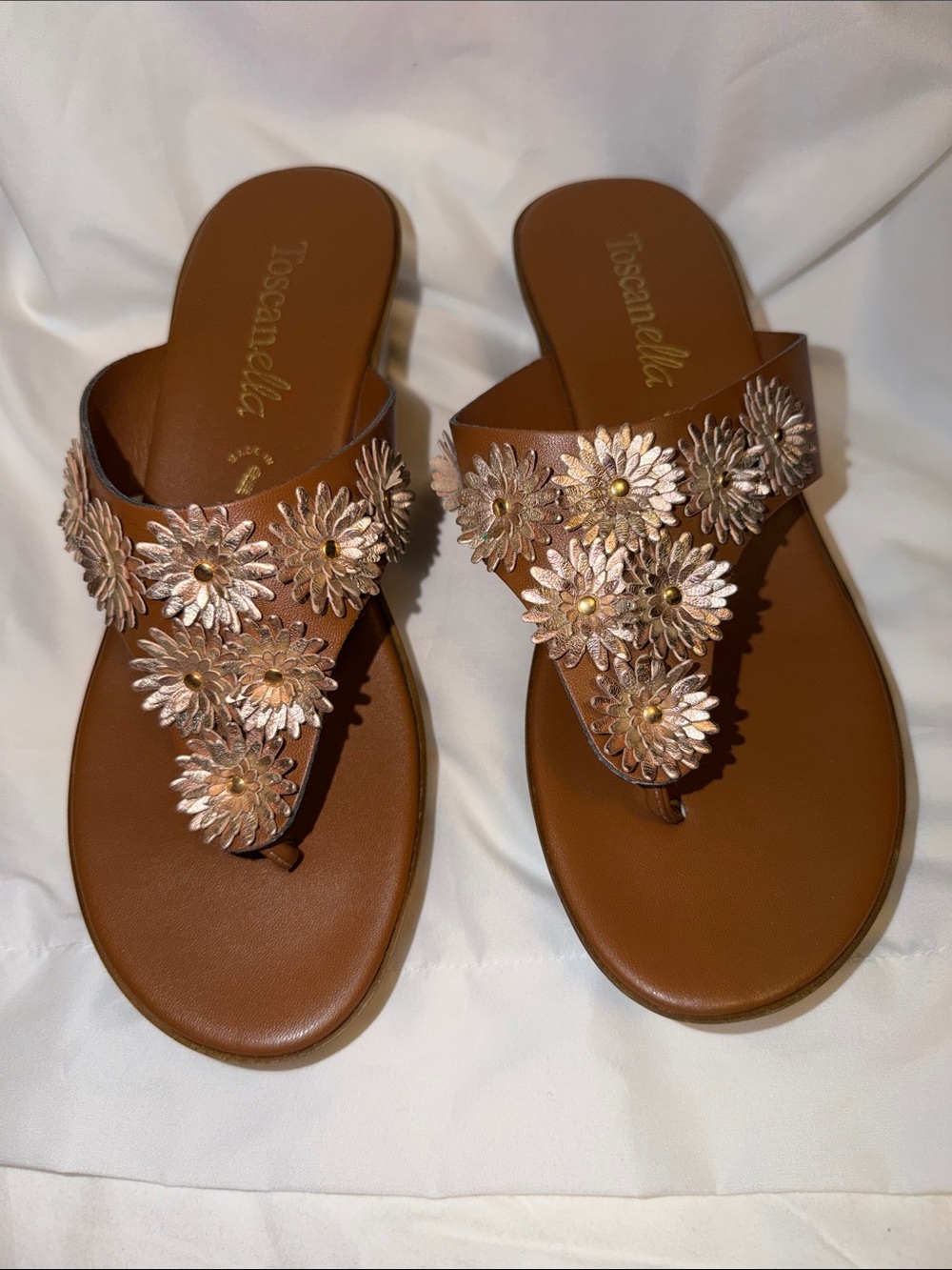 Toscanella Brown Floral Leather Toe-Post Sandals